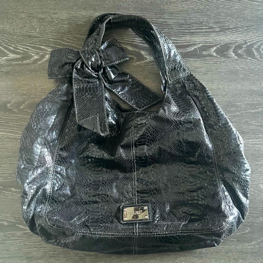 Nine West | Faux Reptile Skin Hobo Tote With Bow | Black